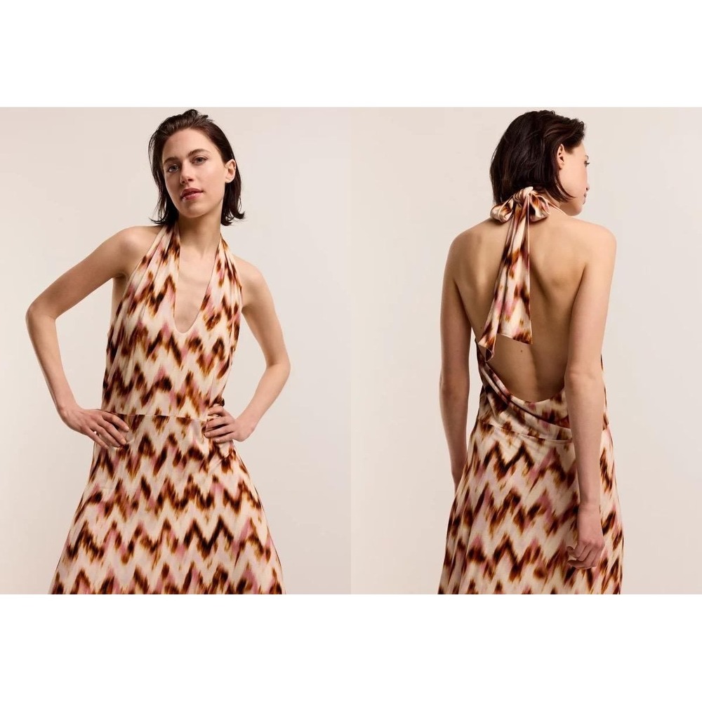 Y2K Halter Maxi Dress Abstract Print Backless Flowy Medium M